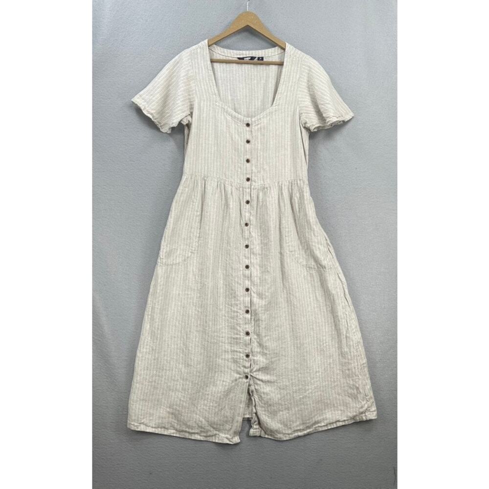 Lands End Linen Midi Dress Womens Medium Tan White Stripe Button Up